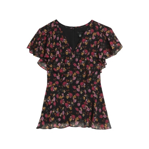 Ted Baker London Riivia Angel Sleeve Peplum Top Size 4 Large Black Floral - Picture 1 of 7